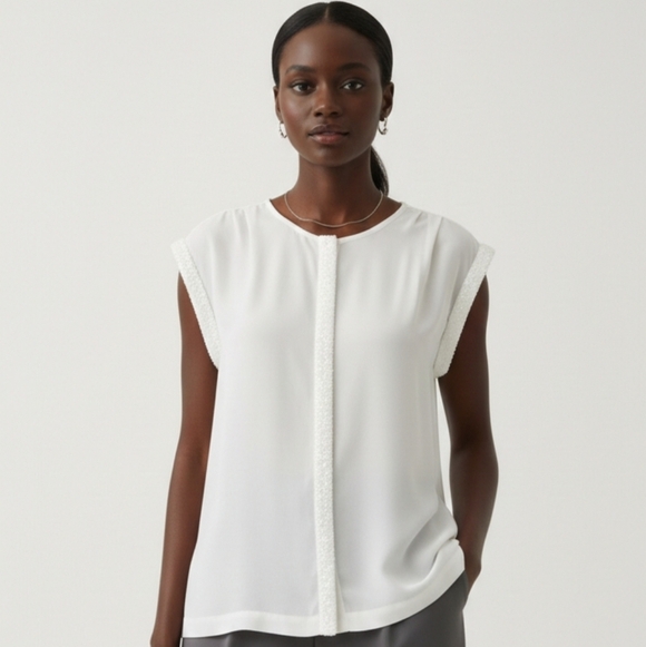 Jennifer Lopez Tops - Jennifer Lopez White Beaded Trim Sheer Covered Button Down Blouse Size M